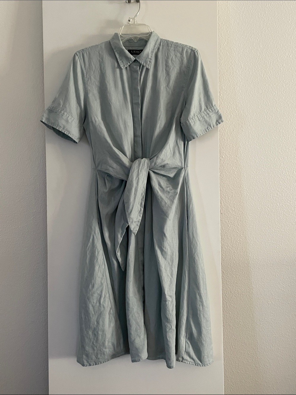 RALPH LAUREN Pure Linen Pale Blue -Mint Green Button Down Tie Shirt Dress